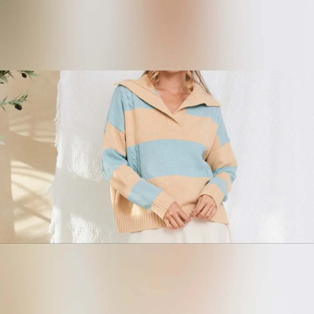 #213 🛑L BOHO  SPREAD COLLAR NECK COLOR BLOCKED SWEATER TOP - Picture 2 of 12